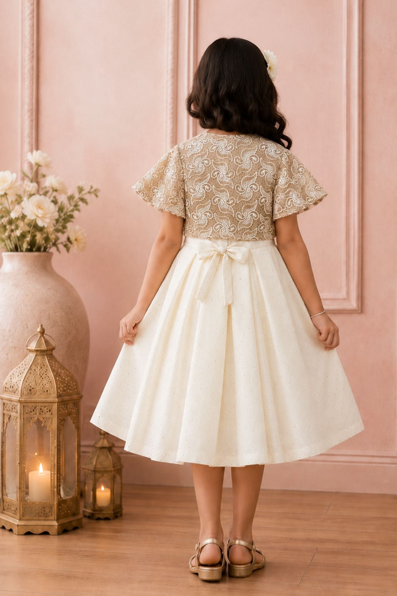 Ivory Embellished Party Frock with Lace Shrug and Bow Detail