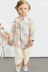 Cream Printed And Mirror Work Kurta With Dhoti Set For Boys