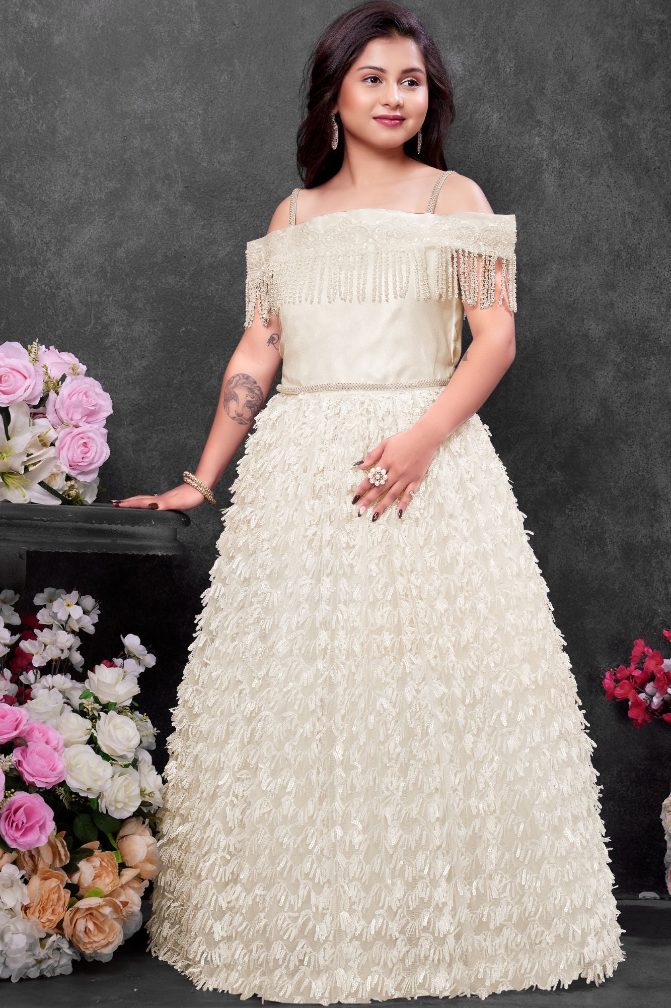 Girls White Off-Shoulder Sequined Party Wear Gown with Fringe And Textured Flared Skirt