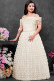 Girls White Off-Shoulder Sequined Party Wear Gown with Fringe And Textured Flared Skirt