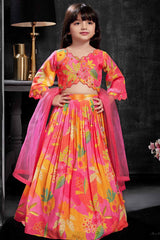 Pink Printed Lehenga Choli With Embroidered And Mirror Work For Girls