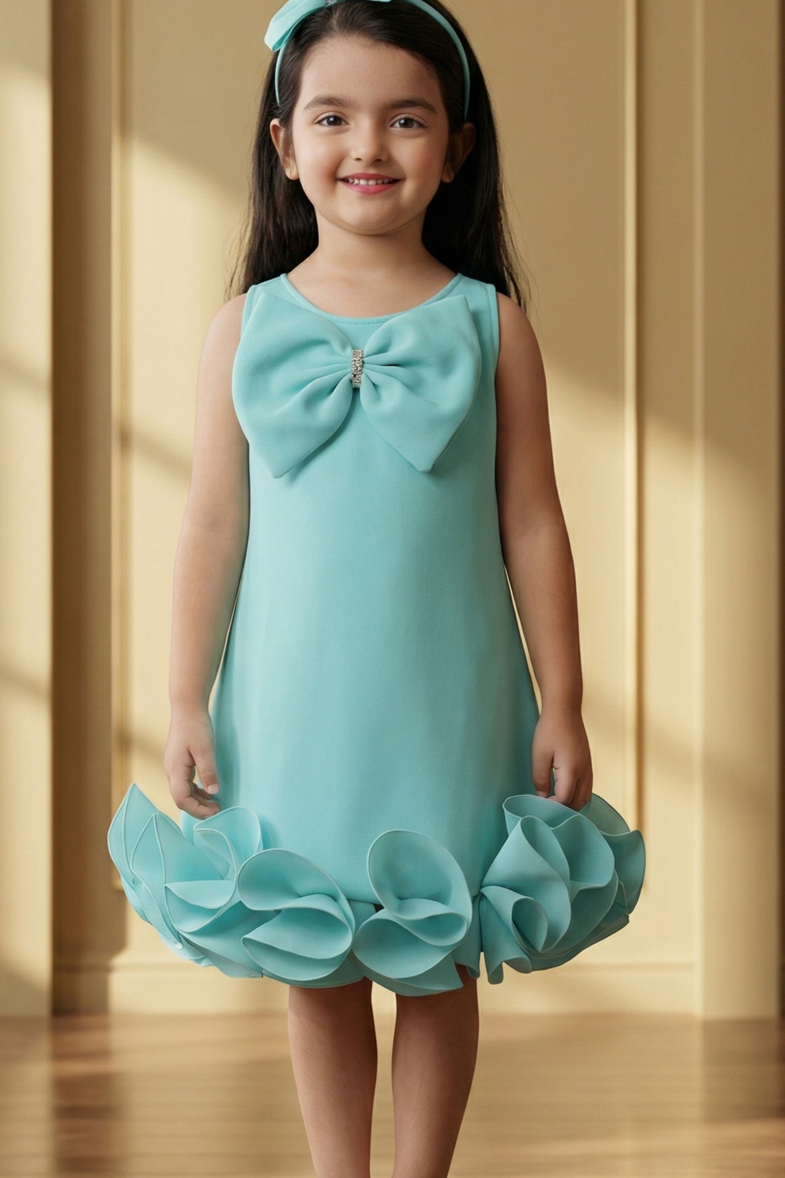 Girls Sky Blue Party Dress with Statement Bow And Ruffle Hemline