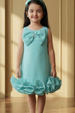 Girls Sky Blue Party Dress with Statement Bow And Ruffle Hemline