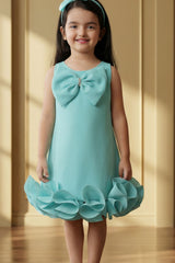 Girls Sky Blue Party Dress with Statement Bow And Ruffle Hemline
