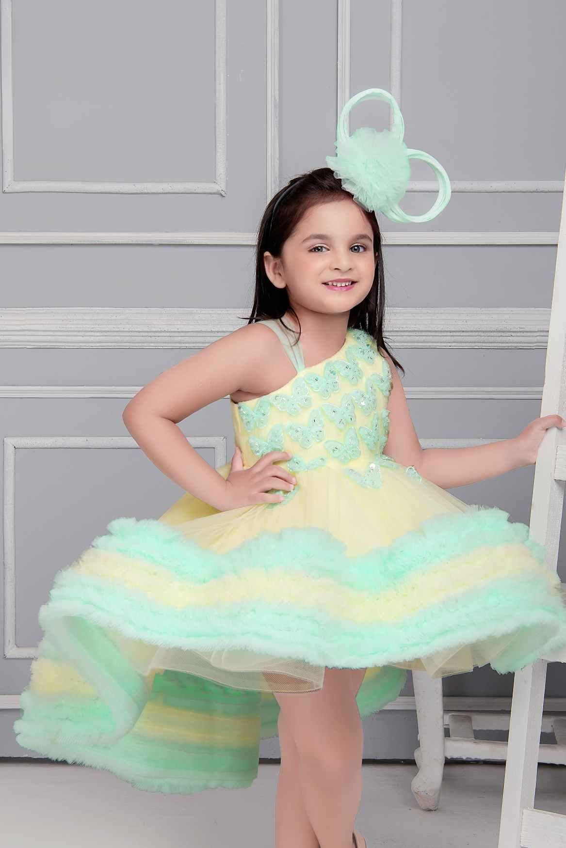 Designer Net Yellow And Green Frock With Butterfly Embellishments For Girls - Lagorii Kids