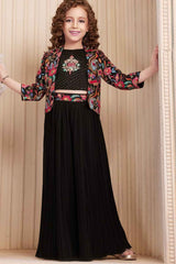 Black Sequin And Embroidery Palazzo Set With Overcoat For Girls