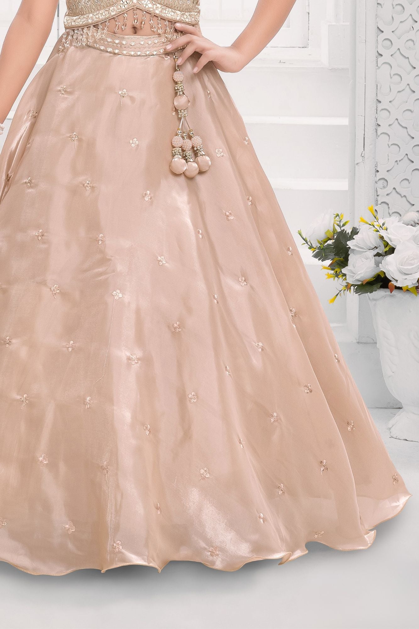 Fawn Embroidered Lehenga Choli Set with Dupatta For Girls