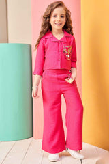 Stylish Pink Co ord Set Enhanced With Embroidered Pocket  For Girls