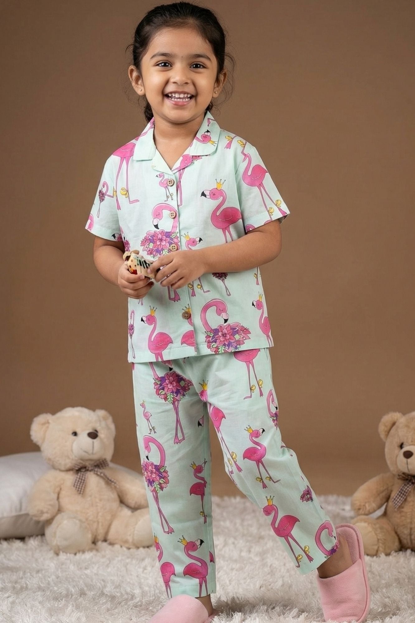 Mint Green Flamingo Print Cotton Night Suit Set For Girls