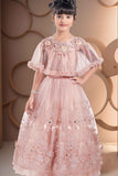Pink Sequin Net Party Wear Gown With Ruffled Cape For Girls