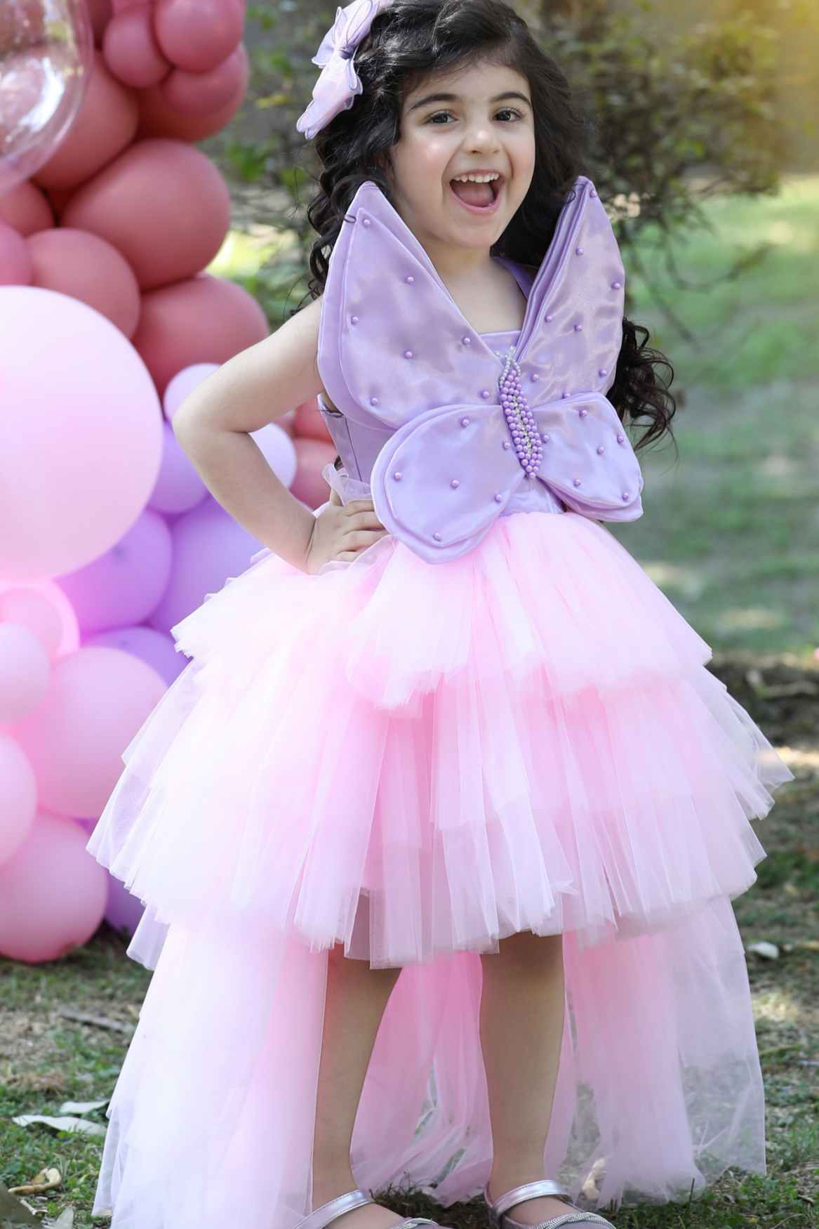 Pink Tulle Tailback Party Wear Frock With 3D Butterfly Embellishment For Girls