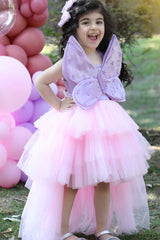 Pink Tulle Tailback Party Wear Frock With 3D Butterfly Embellishment For Girls