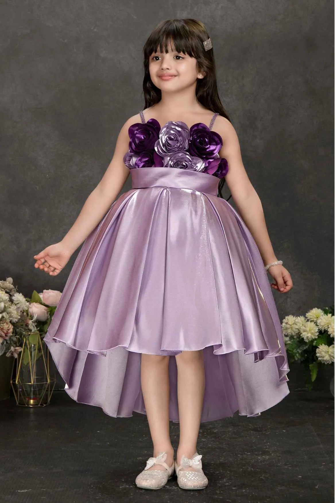 Lavender High-Low Party Frock with 3D Floral Bodice For Girls