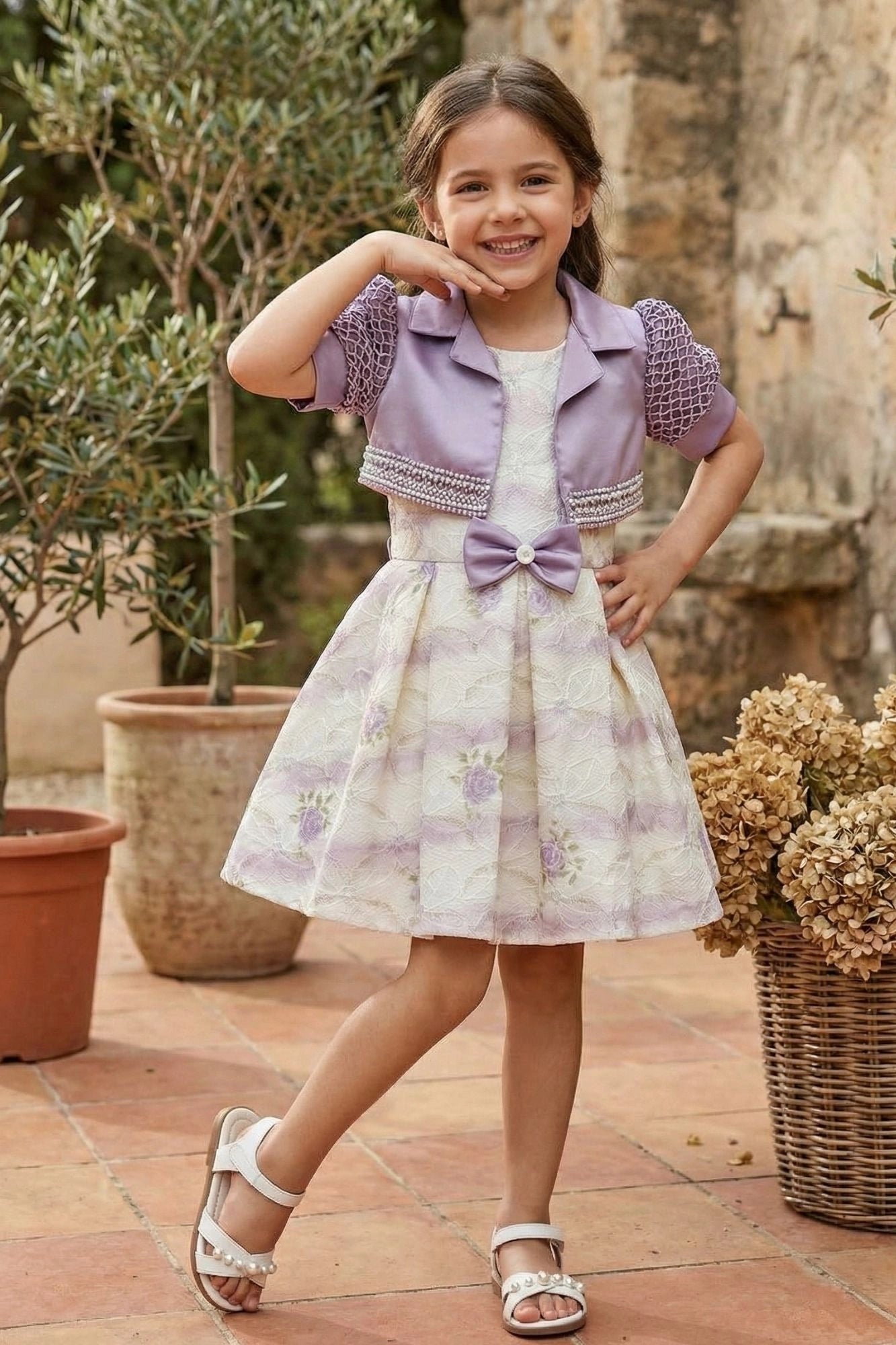 Cream Floral Party Frock with Lavender Bead-Work Shrug & Bow Waist Accent For Girls
