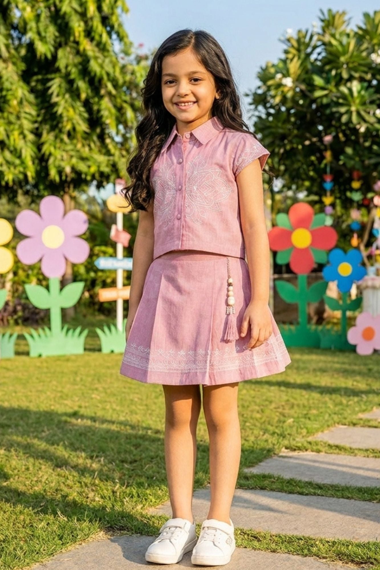 Girls Pink Embroidered Shirt Top and Pleated Skirt Co-Ord Set