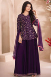 Wine Palazzo Set with Multicolor Floral Embroidered Top And Dupatta for Girls