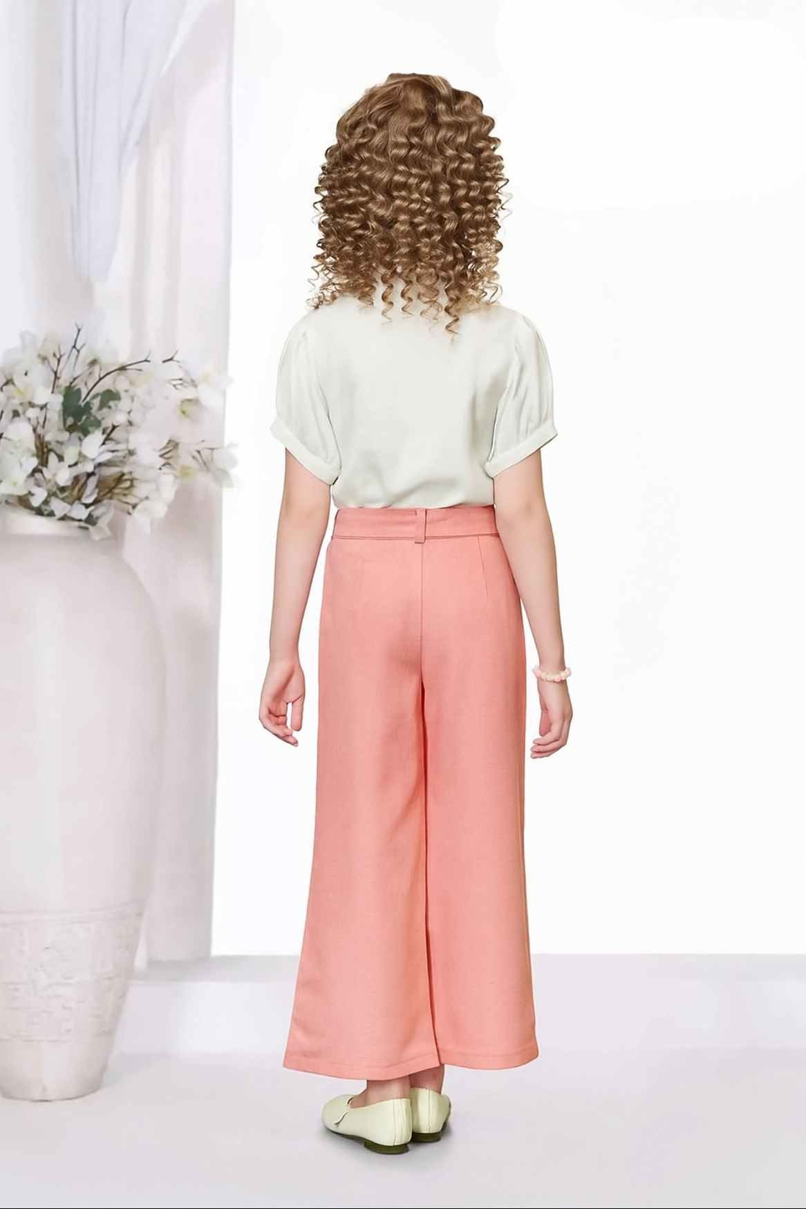 Peach Wide-Leg Pant With Floral Printed White Shirt For Girls