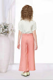 Peach Wide-Leg Pant With Floral Printed White Shirt For Girls
