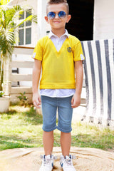 Yellow V-Neck Tee And Denim Shorts With White Shirt Set For Boys