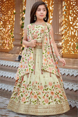 Fawn Sequin And Floral Embroidered Lehenga choli With Overcoat For Girls