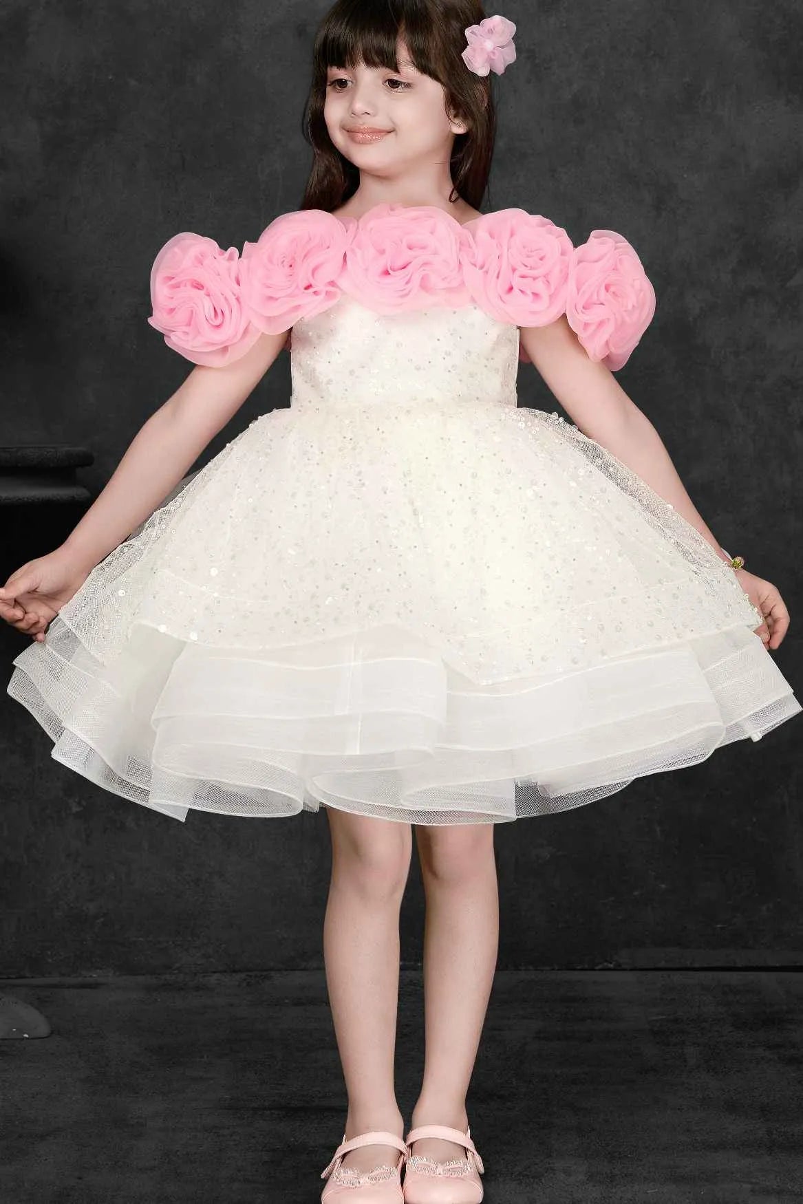 White and Pink Floral Ruffled And Sequins Worked Party Frock for Girls
