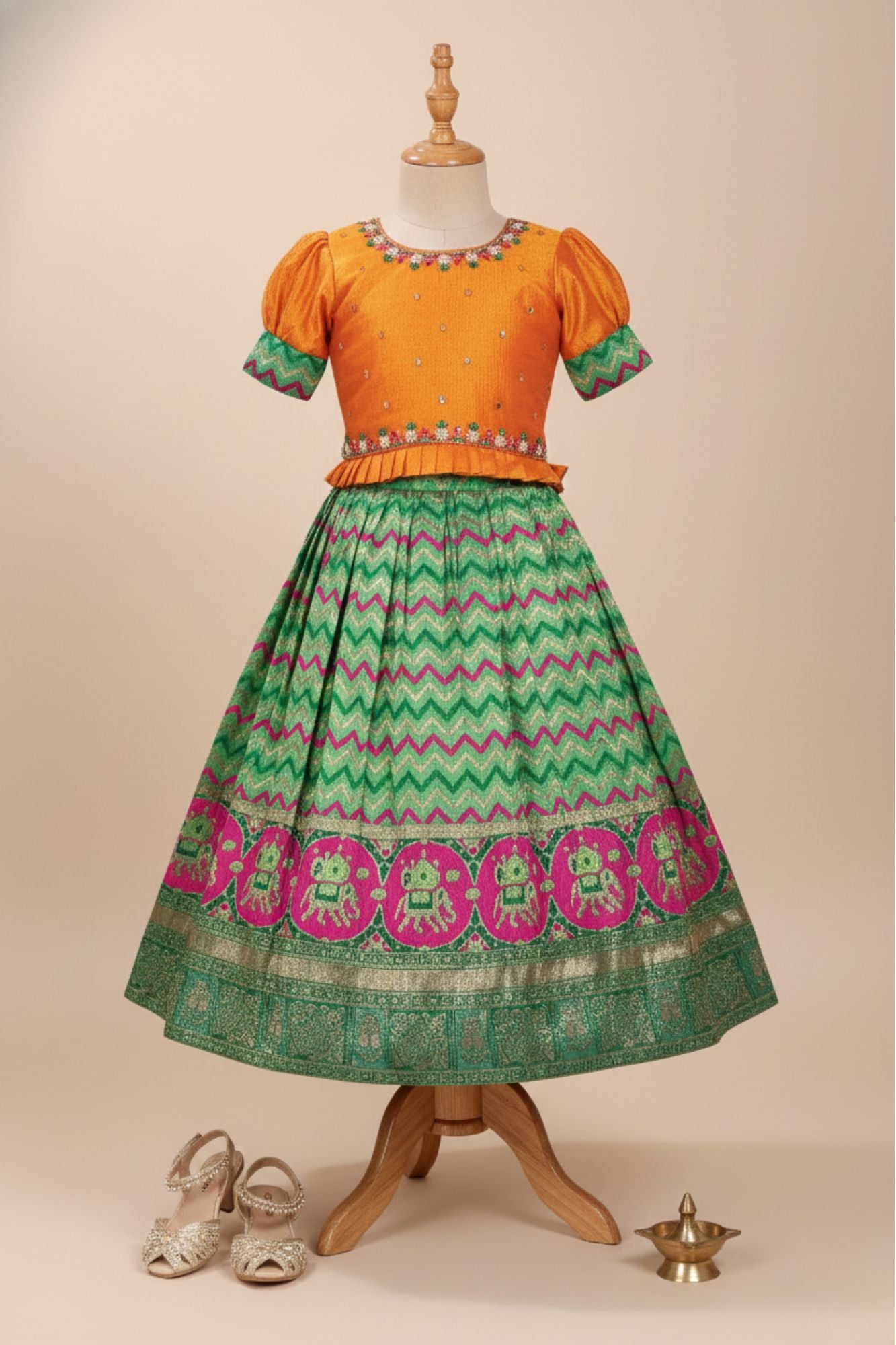 Yellow And Green Printed Silk Pattu Pavadai For Girls