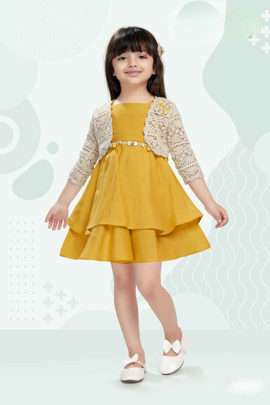 Mustard Casual Frock With Overcoat For Girls