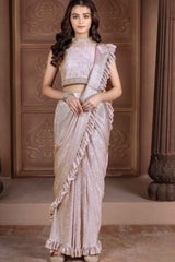 Onion Pink Ruffled And Sequined Saree For Girls