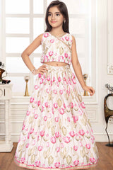 Cream Floral Printed And Sequin Work Lehenga Choli For Girls