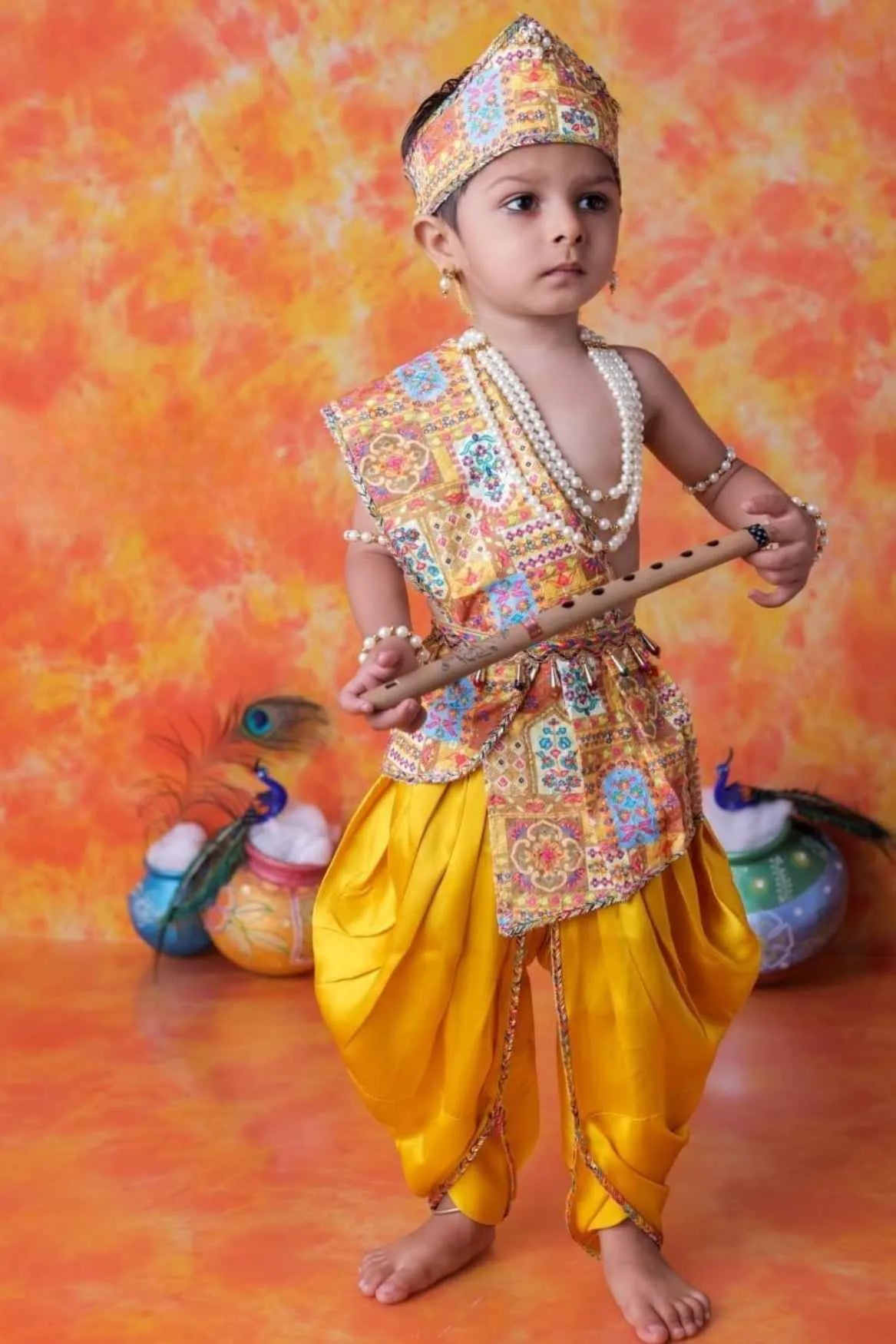 Multicolor Printed Krishna Janmashtami Costume Set  For Boys