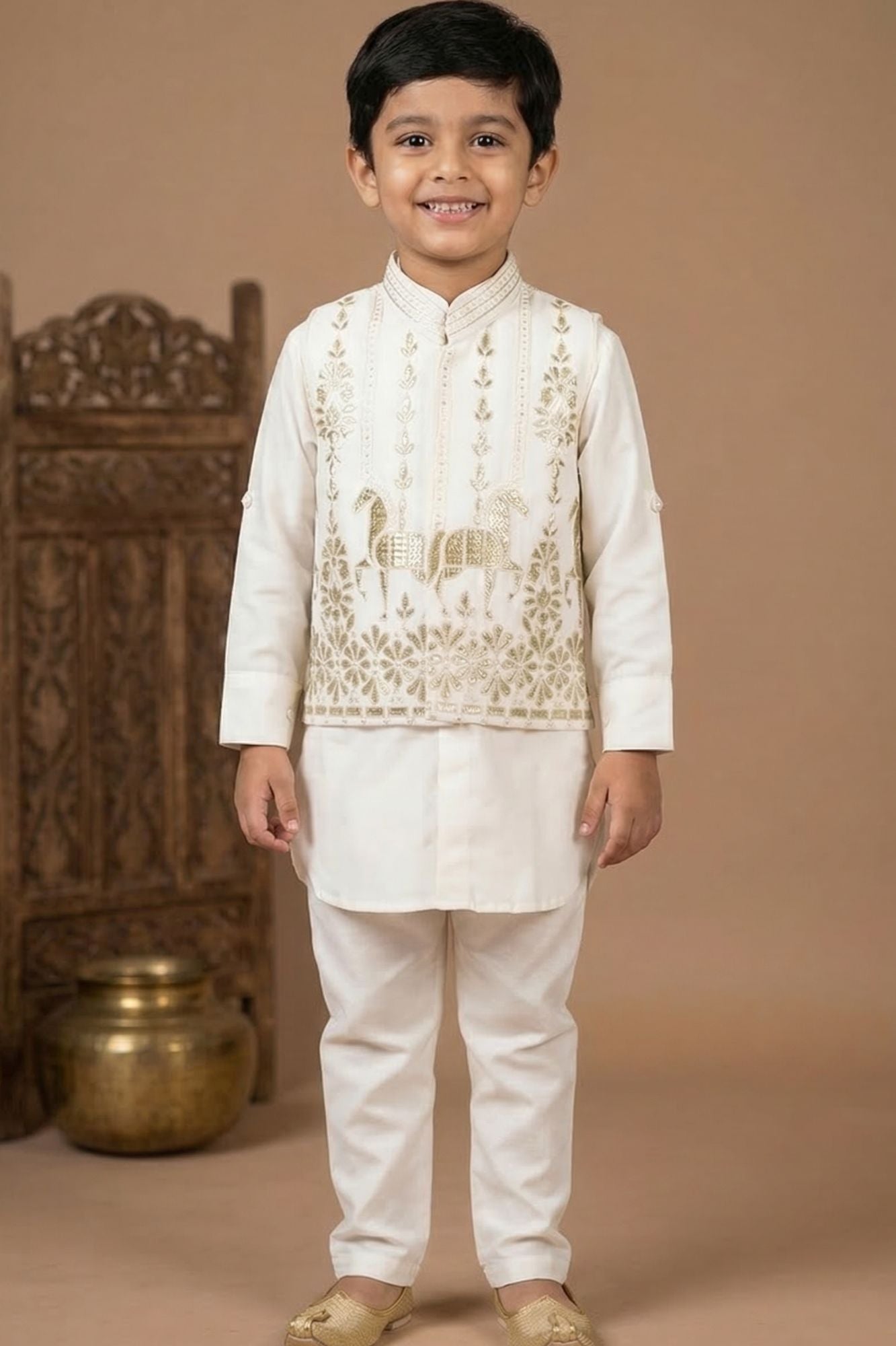 Ivory Kurta Pyjama Set With Embroidered Nehru Jacket For Boys