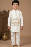 Ivory Kurta Pyjama Set With Embroidered Nehru Jacket For Boys