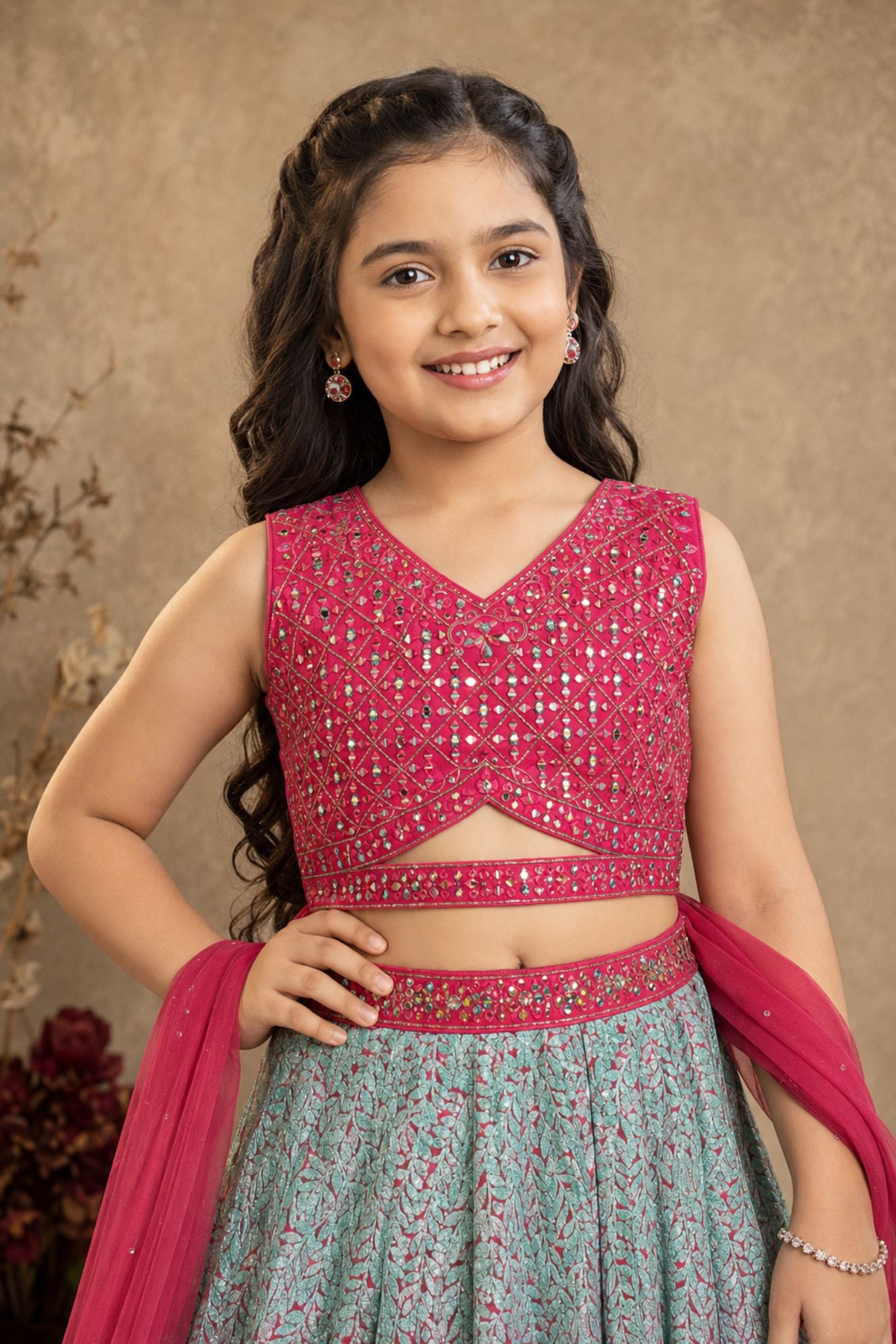 Pink and Aqua Mirror embroidered Lehenga Choli Set with Dupatta