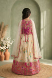 Girls Cream and Rani Pink Printed Lehenga Choli Set with Dupatta