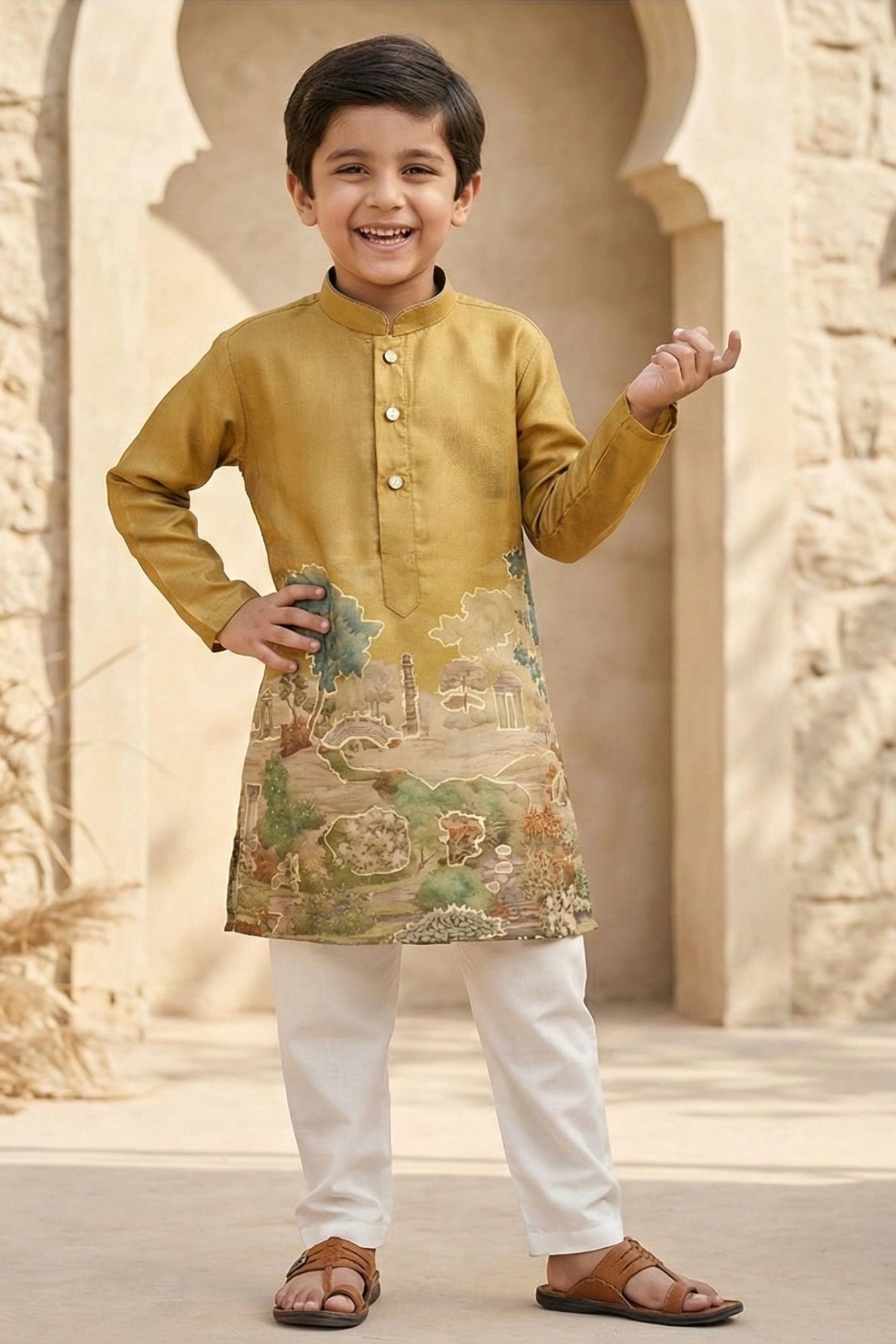 Mustard Scenic Print Kurta with Cream Pajama Set For Boys