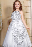 White Spiral 3D Petal Appliqué Party Gown For Girls