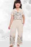 Beige Floral Embroidered Crop Top And Palazzo Set For Girls