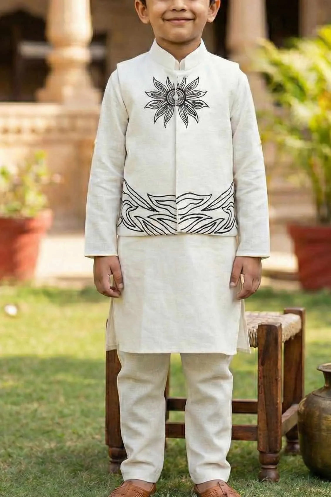 White Kurta with Embroidered Waist-coat For Boys