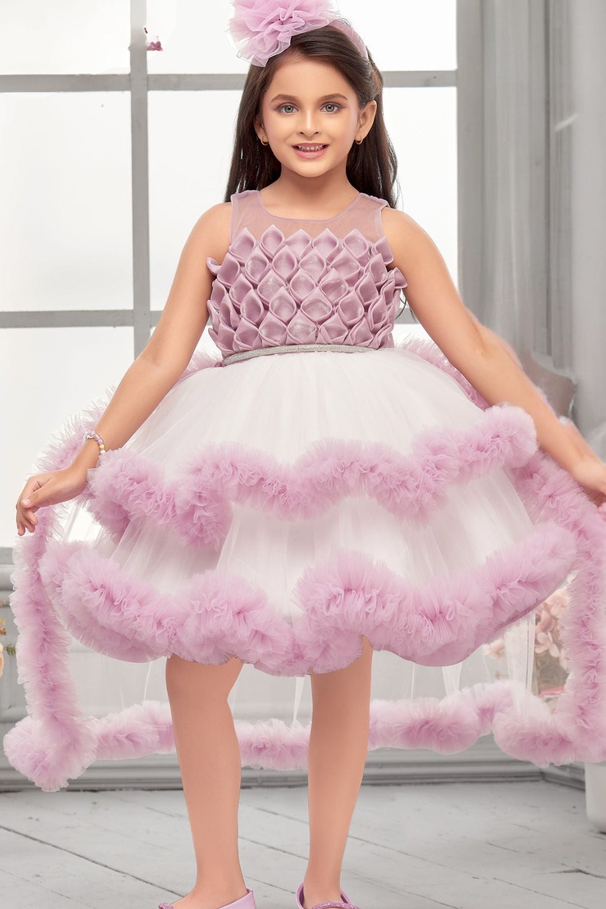 Onion Pink High-Low Party Wear Tulle Frock with Ruffle Layers For Girls