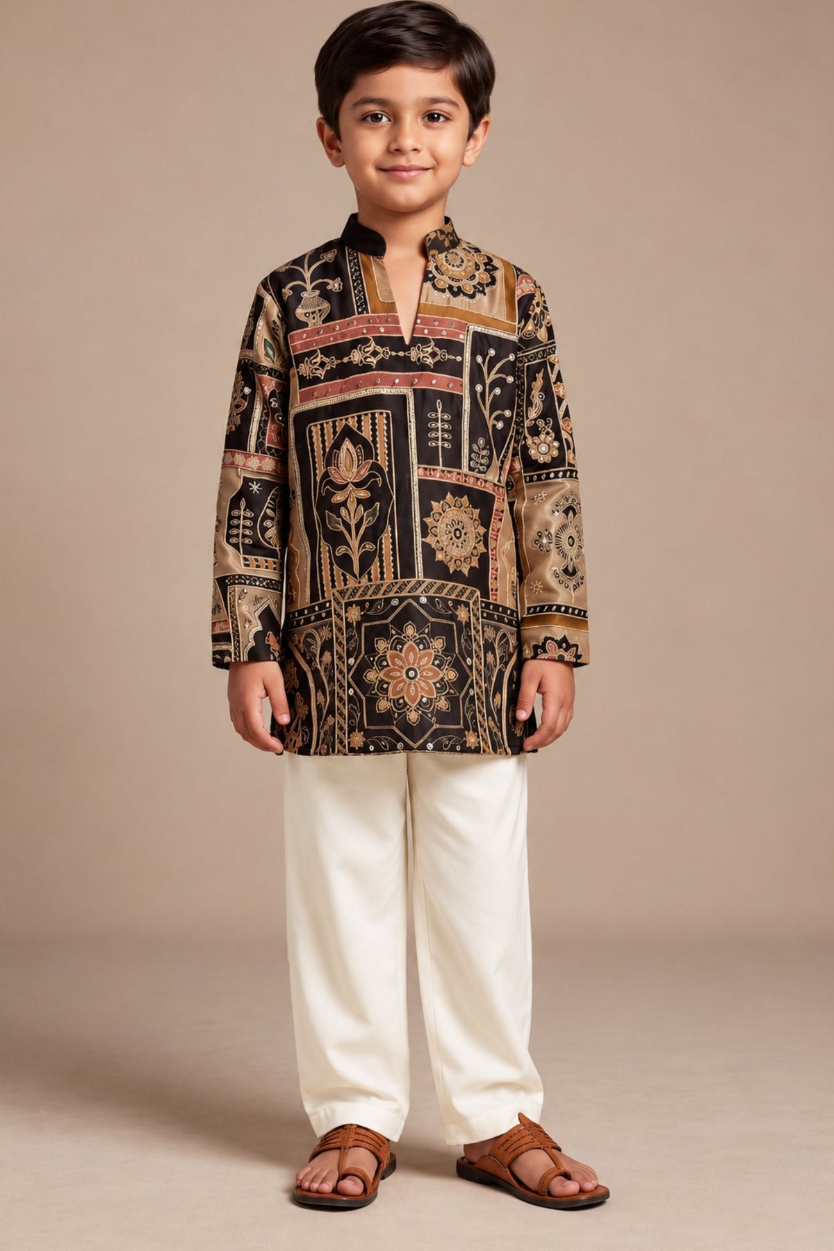 Boys Regal Black Traditional  Printed Kurta Set