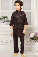 Classic Wine Kurta Set With Embroidered Overcoat For Boys