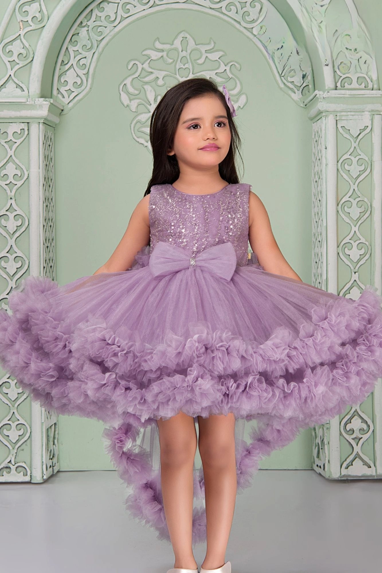 Lavender Sequin Bodice Party Wear Frock with Ruffle Hem & Bow Accent For Girls
