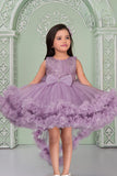 Lavender Sequin Bodice Party Wear Frock with Ruffle Hem & Bow Accent For Girls