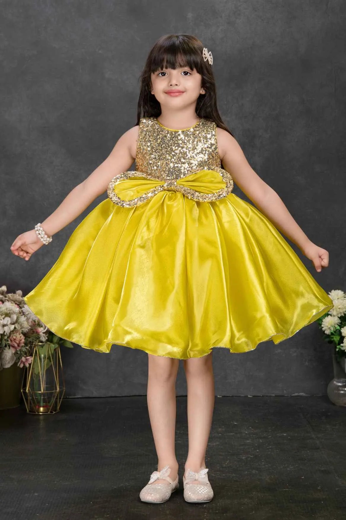 Yellow Sparkle Embellished Party Frock For Girls