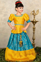 Yellow And Blue Banarasi Silk Pattu Lehenga Choli Set For Girls