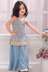 Blue Sequin And Embroidered Palazzo Set For Girls