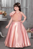 Shimmery Peach One-Shoulder Party Wear Gown With Draped Detail For Girls