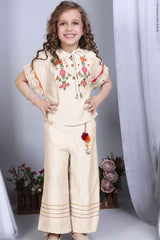 Stylish Beige Embroidered Co Ord Set For Girls