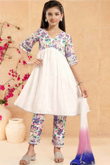 White Alia Cut Kurti With Printed Bottom Set For Girls