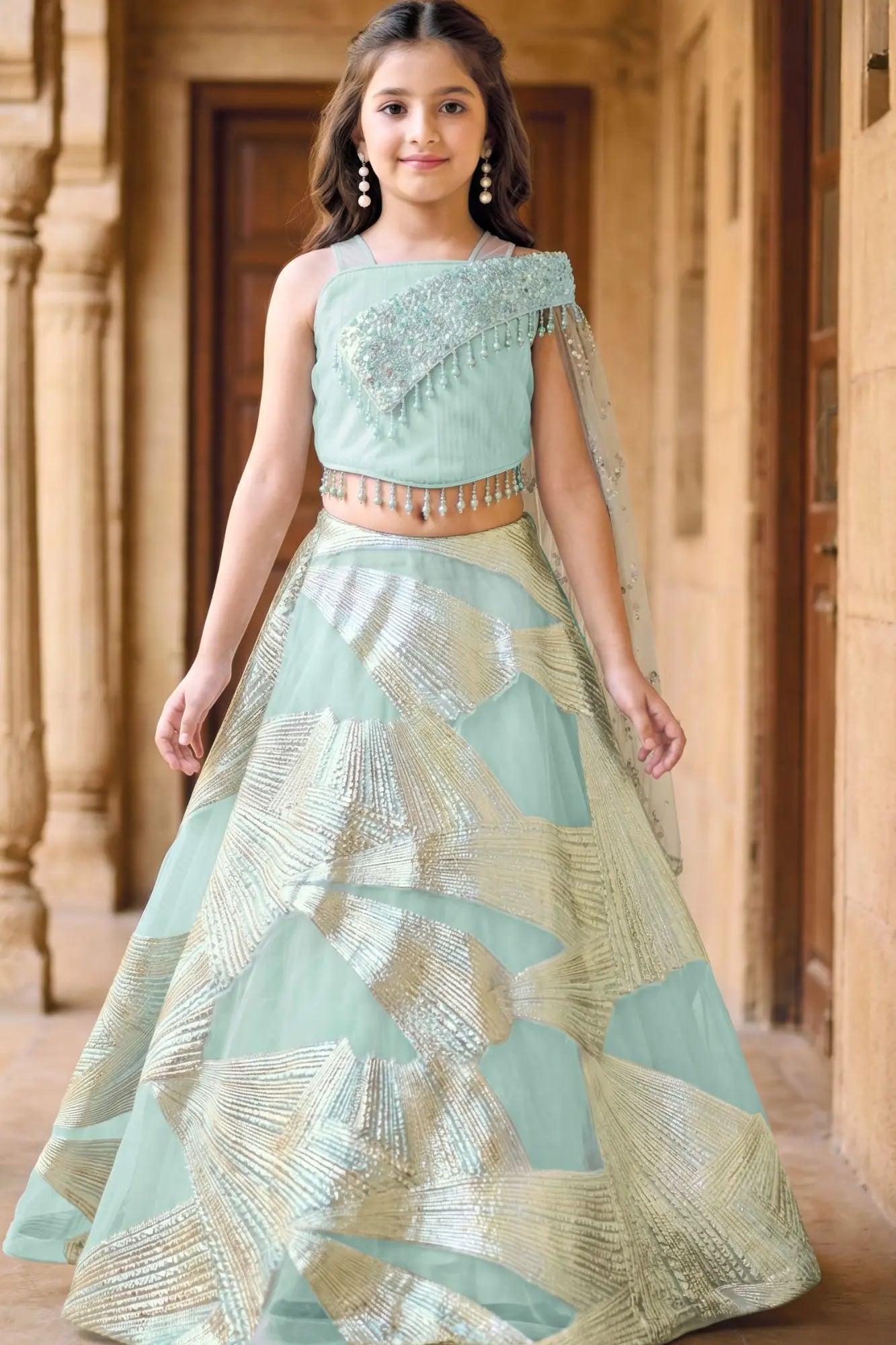 Sky Blue Zari Embroidered Lehenga Choli Set For Girls